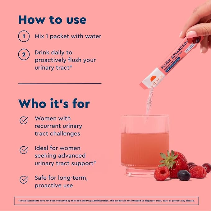 Uqora Flush Advanced+ - Helps Reduce Risk of Recurrent UTI** - with Cranberry D-Mannose Vitamin C Vitamin B6 &amp Potassium - Gluten-Free &amp Vegan - Triple Berry Flavor - 10 Packets (1 Pack)