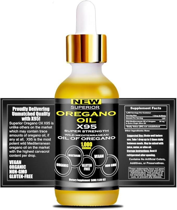 Organic Oregano Oil Drops - 1000 Servings 12 Month Supply Wild Oil of Oregano 9X Carvacrol Immune &amp Digestive Support Non-GMO Food Grade Herbal Supplement Alternative to oil of Oregano Tinc
