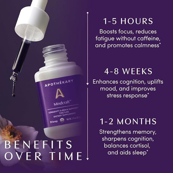 Apothékary Mindcraft Supports Focus Cognition Longevity and Anti-Aging Fast-Acting Herbal Liquid Drops with Lion’s Mane and Cordyceps Certified Organic Made in USA 1 fl oz 30 Servings