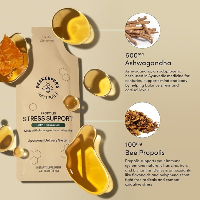Ashwagandha Liposomal Stress Support by Beekeeper's Naturals 600mg with Propolis L-Theanine Anti-Stress Support for Calm &amp Relaxation 10ct