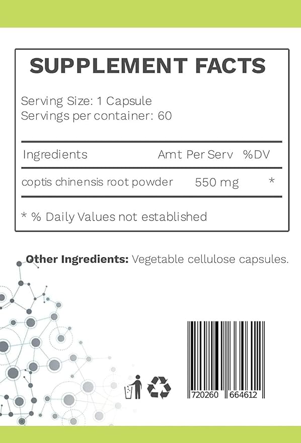 Chinese Coptis (coptis chinensis) - No Binder No fillers - Potent Whole Herb Huang Lian Su - Goldthread 550mg Berberine Coptisine - Packaging May Vary