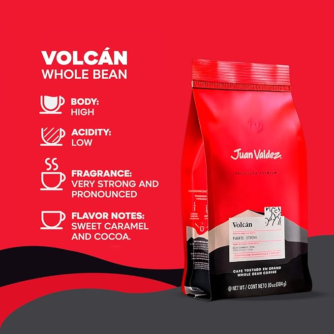 Juan Valdez Volcan Whole Bean Coffee - Dark Roast | 100% Colombian Arabica Beans | 100% Colombian Coffee with Low Acidity and Notes Of Sweet Caramel &amp Cocoa | 16 oz / 454 gr