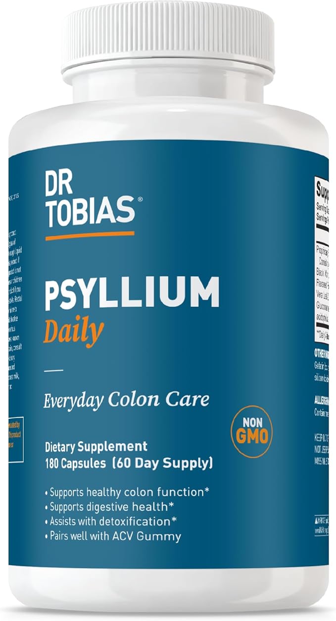 Dr. Tobias Psyllium Daily Supports Healthy Bowel Movement Psyllium Husk Capsules with Bentonite Clay Flaxseed &amp Natural Ingredients Daily Fiber Supplement in Support of Colon Health 180 Capsu