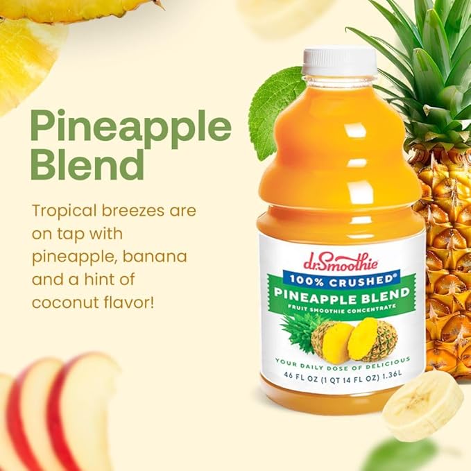 Dr. Smoothie 100% Crushed Pineapple Blend – No Added Sugar Made with Real Fruits/Fruit Juice – Vegan No Artificial Colors or Flavors – Tropical Pineapple Banana Hint of Coconut – 46 oz Bottle