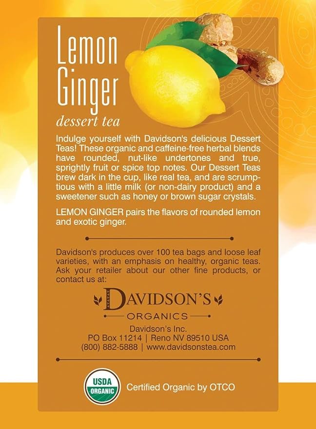 Davidson's Organics Lemon Ginger 8-count Tea Bags Pack of 12