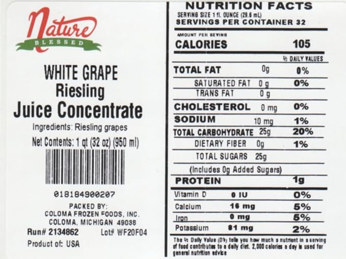 Nature Blessed 100% Riesling White Grape Fruit Juice Concentrate - 4 Quarts (4/32 fl oz bottles) Great for Home Vintners Home Wine Cider Spirits Smoothies or Jelly Production