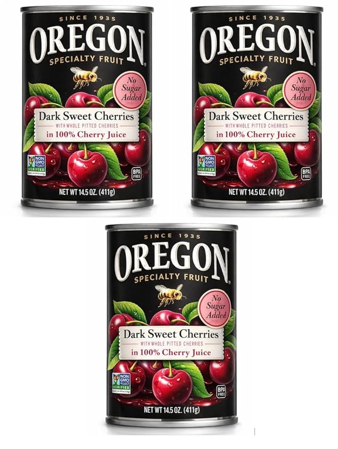 Oregon Dark Sweet Cherries in 100% Cherry Juice Whole Pitted Fruit No Added Sugar – Value Pack of 3 (3 x 14.5 oz)