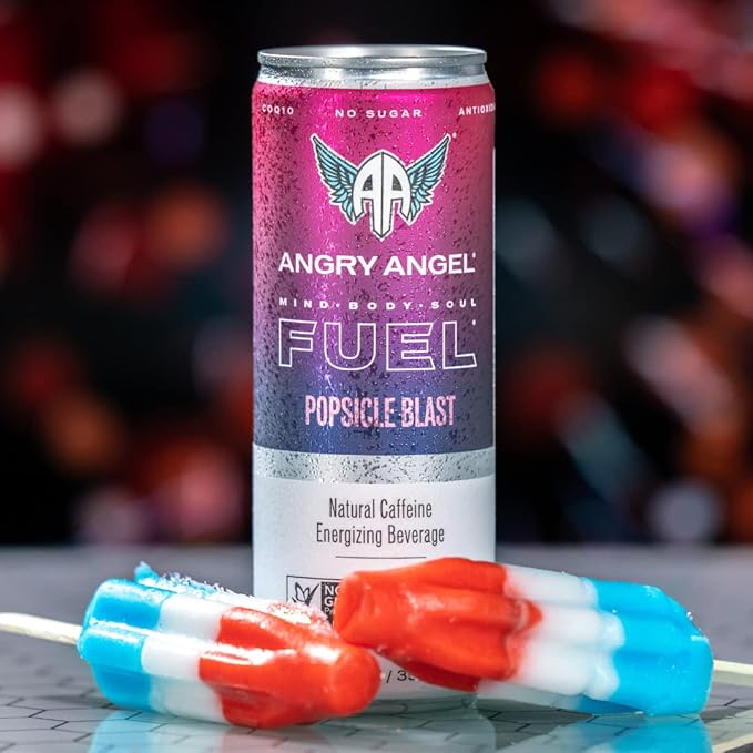 Angry Angel Ice Pop Blast &amp Strawberry Kiwi Natural Energy Drink - (24 count) Mixed Pack - Zero Sugar - CoQ10 - Important B Vitamins - 12 oz Cans