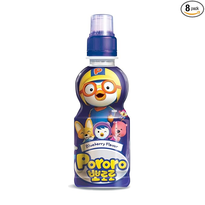 Paldo Fun &amp Yum Pororo Kids Blueberry Flavor Drink Pack of 8 Fruit Juice Drinks with Comfortable Push-Pull Sports Cap Perfect Drink for Children 7.95 fl oz. x 8