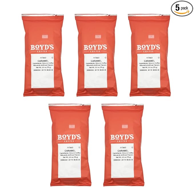 Boyd's Caramel Ground Coffee 5/2.5oz Pre-Portioned Packets - 12.5oz Total - Rich and Indulgent