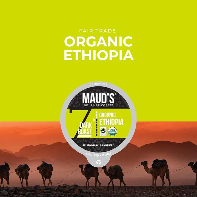 Maud's Organic Ethiopian Coffee Pods 24 ct Single Origin Ethiopian Dark Roast Coffee in Single Serve Pods – 100% Arabica Coffee Compatible with Keurig K Cups Maker