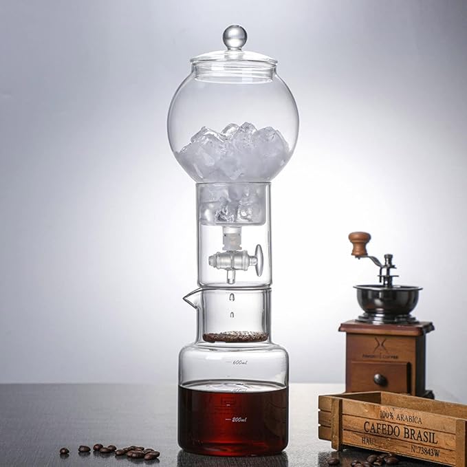 Cold Brew Drip Tower 600ml Ice Drip Glass Cold Brew Coffee Pot with Drip Speed Regulating Valve Drip Type Cold Extraction Coffee Machine for Home Office(Clear)