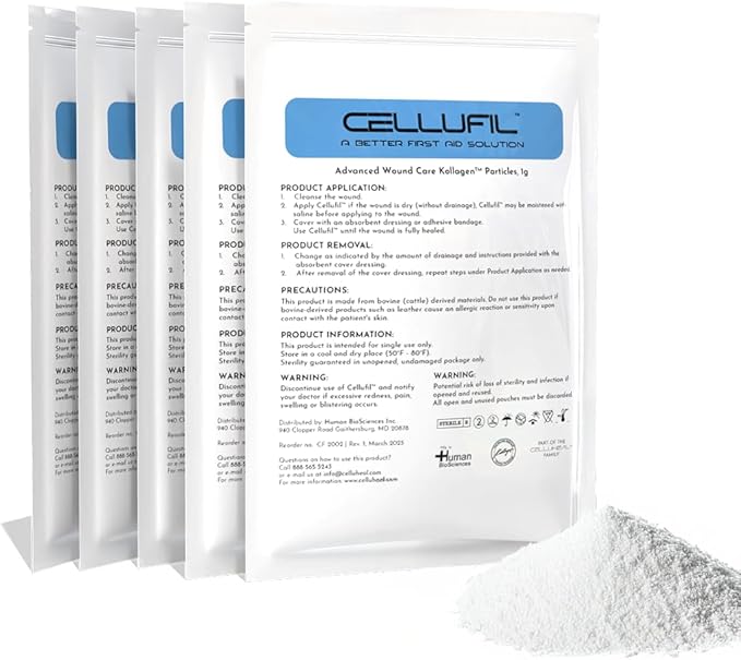 Cellufil® Collagen Particles for Advanced Wound Care – 100% Non-Hydrolyzed Bovine Collagen for Tissue Regeneration First Aid &amp Minor Bleeding 5 Pouches