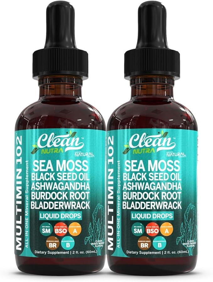 Clean Nutraceuticals Sea Moss Drops Supplement Liquid with Black Seed Oil Ashwagandha Burdock Root &amp Bladderwrack - Multimineral Organic Non-GMO Vegan for Gut Heath Skin Immune Support Hair (2 Pac