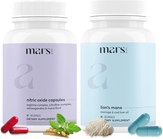 mars by GHC Vitality Max Combo | Natural Lion’s Mane &amp Nitric Oxide Capsules | Focus Energy &amp Performance Support | 240 Capsules | Pack of 2