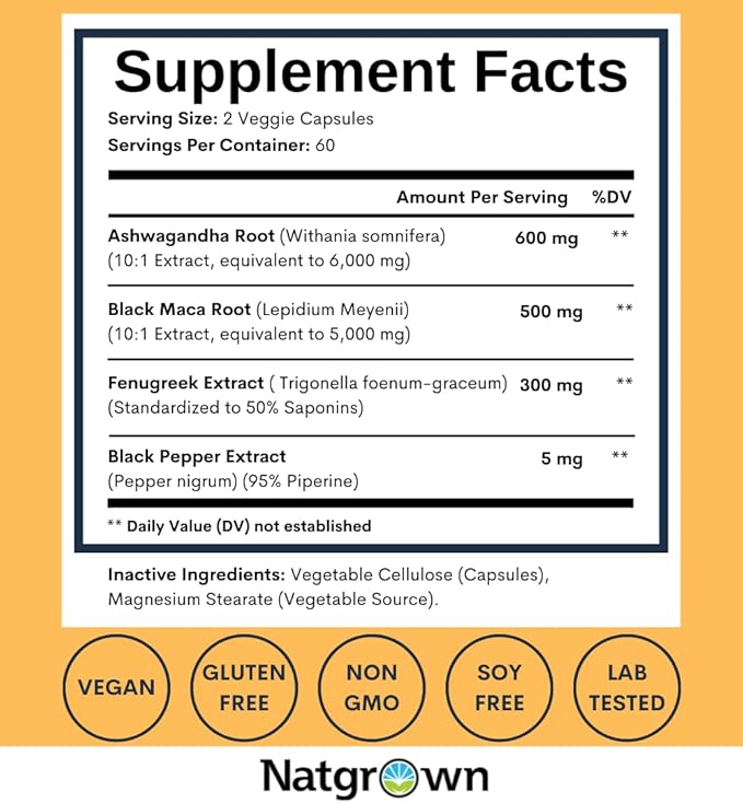 Natgrown Ashwagandha Maca Root Fenugreek Extract Capsules Supplement for Men &amp Women - Vegan Pills - (120 Count)