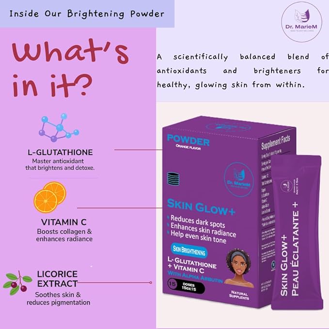 Skin Glow+ Brightening Powder - Supplement – 1000mg L-Glutathione + 500mg Vitamin C with 200mg Alpha Arbutin – Reduces Dark Spots Evens Skin Tone – Orange Flavor – 15g/stick