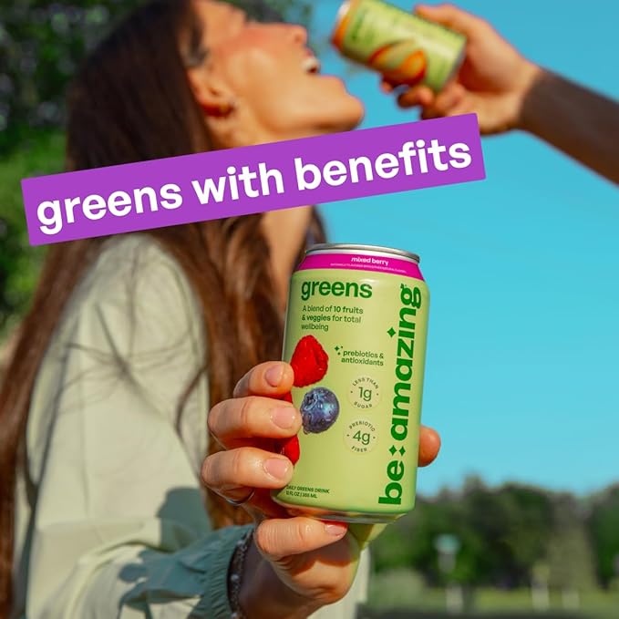 Be Amazing Greens Drink Mixed Berry Vitamin Drinks With 10 Organic Fruits and Vegetables Coconut Water Vitamin C and Prebiotic Fiber 25 Calories Low Sugar Vegan and Gluten Free 8 Pack