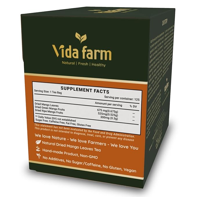 VIDA FARM 125 Mango Tea Bags 100% Natural Dried Mango Leaves Herbal Tea Bags Handpicked Leaves Tea No Sugar No Caffeine Vegan