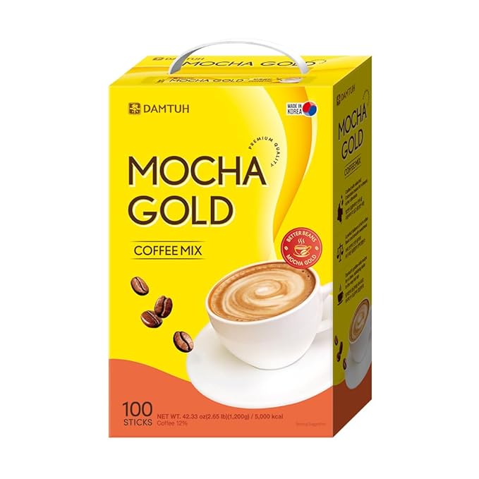 Damtuh Mocha Gold Korean Instant Coffee Mix Sticks 3-in-1 Powder with Creamer &amp Sugar Individually Wrapped Single Serve Packets 12g x 100 Sticks (42.33 oz)