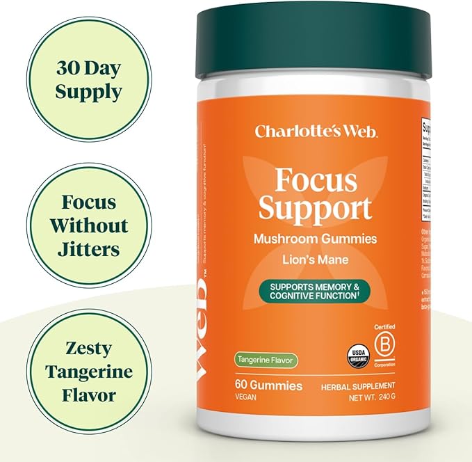Charlotte's Web Focus Support Mushroom Gummies for Focus and Energy w/Lion’s Mane Natural Cognitive Support Lions Mane Gummies for Adults — Tangerine Flavor (30 Servings)