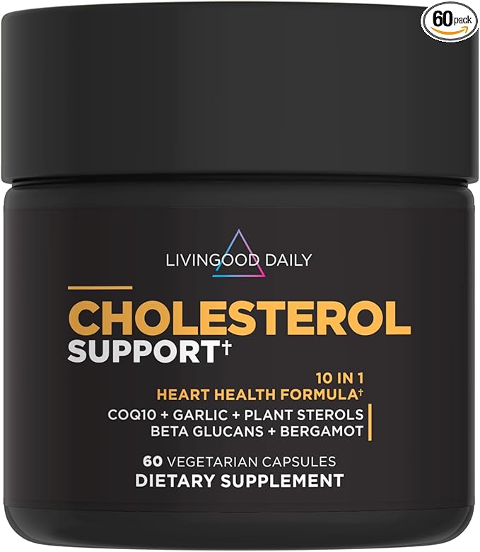 Livingood Daily Cholesterol Support Supplement with Garlic CoQ10 Vitamin E Bergamot Plant Sterols for Body and Heart Health Support Supports LDL and Triglycerides Gluten Free Vegan 60 Capsules