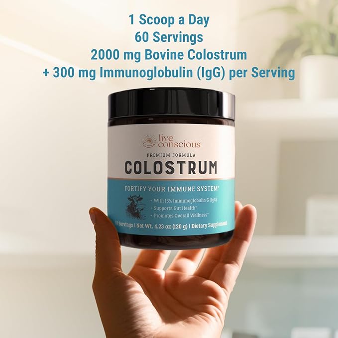 Live Conscious Colostrum Powder - Grass Fed Bovine Colostrum Supplement with Lactoferrin for Iron Absorption - Immune System Supplement (2-Pack)
