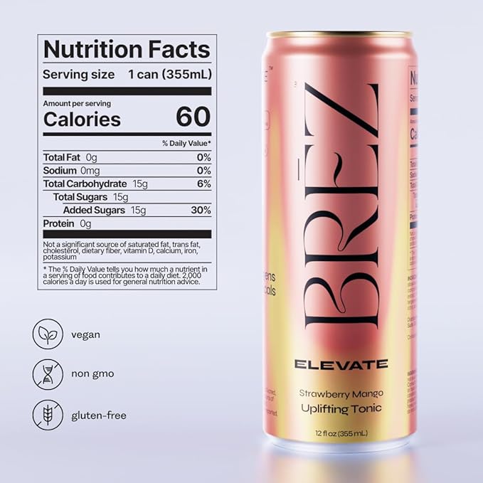 BRĒZ ELEVATE Cordyceps Mushroom Drink Non-Infused Uplifting Tonic with Cordyceps Guayusa Maca &amp Ginseng Vegan Adaptogen Drink for Focus Drive &amp Mental Clarity Strawberry Mango 12 fl oz