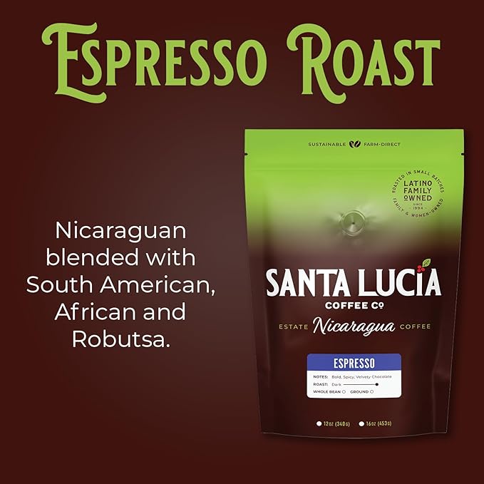 Santa Lucia Coffee Café Crema Espresso Roast Coffee - Specialty Volcanic Nicaraguan Espresso Roast - Farm-Direct Low-Acid - Dense Golden Crema - 91-Point Small-Batch - Ground - 16oz (Pack of 3)