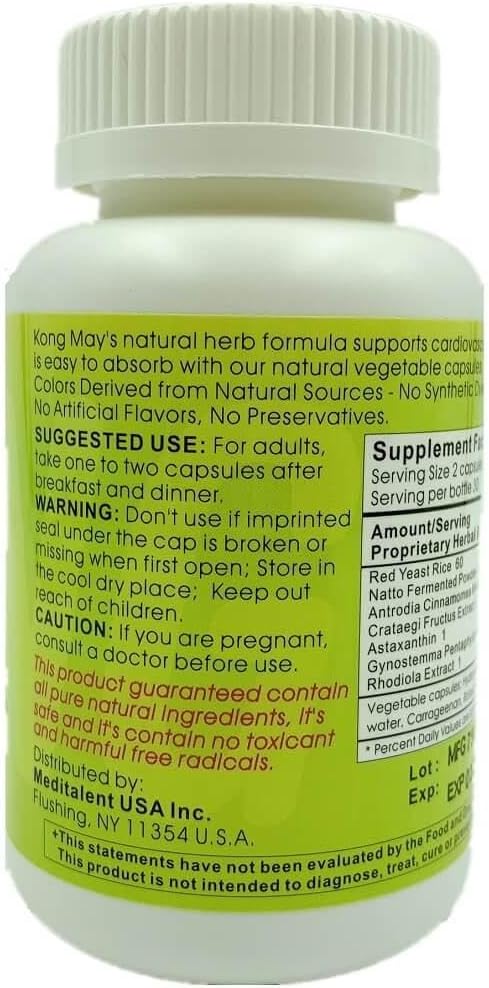 Kong May Herbal Supplement with Red Yeast Rice Natto Fermented Powder Antrodia Mushrooms | All-Natural Cardiovascular Support for Overall Health and Well-Being - 60 Capsules by Meditalent
