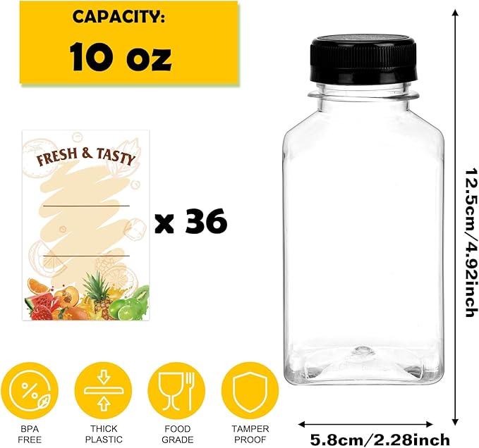 BAKHUK 36pcs 10oz Empty Plastic Juice Bottles with Caps Reusable Clear Bulk Beverage Containers for Juice Milk and Other Beverages