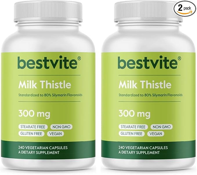 BESTVITE Milk Thistle 300mg (240 Vegetarian Capsules) - Standardized to 80% Silymarin Flavonoids - No Stearates - Vegan - Non GMO - Gluten Free (Pack of 2)
