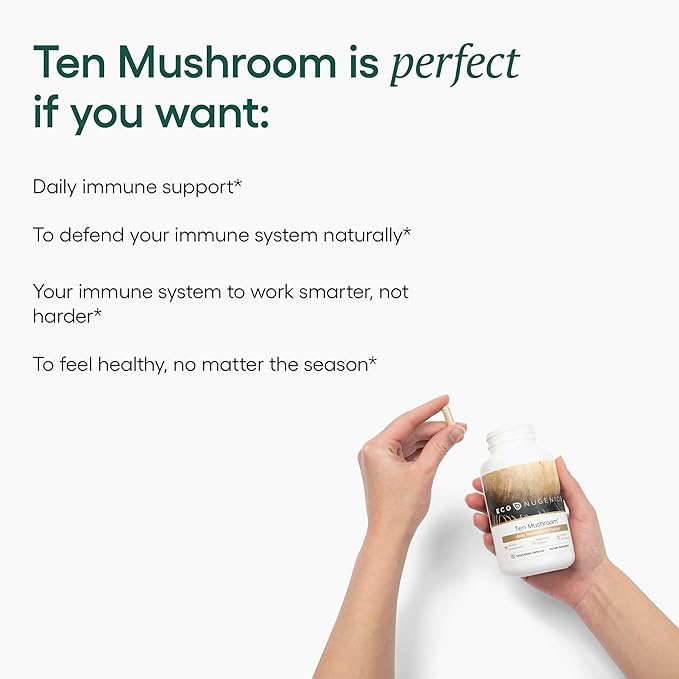 EcoNugenics Ten Mushroom Supplement: Daily Immune Support 120 Capsules – Lion’s Mane Reishi Cordyceps Turkey Tail – Energy Gut Health Liver Kidney Cholesterol &amp Nootropic Brain Support