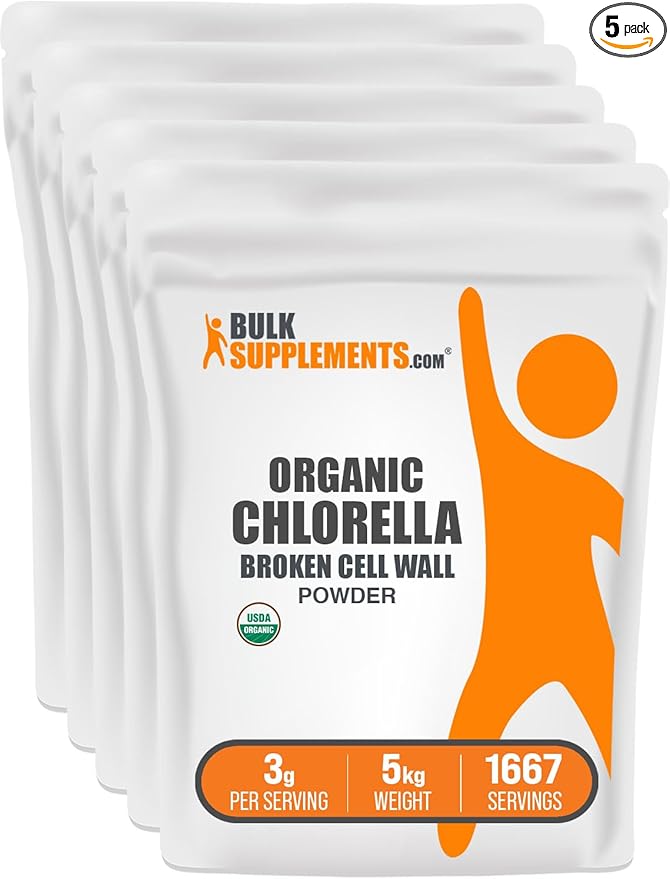 BulkSupplements.com Organic Chlorella Powder - Broken Cell Wall Green Superfood Powder Chlorella Supplement - Gluten Free 3g per Serving 5kg (11 lbs) (Pack of 5)