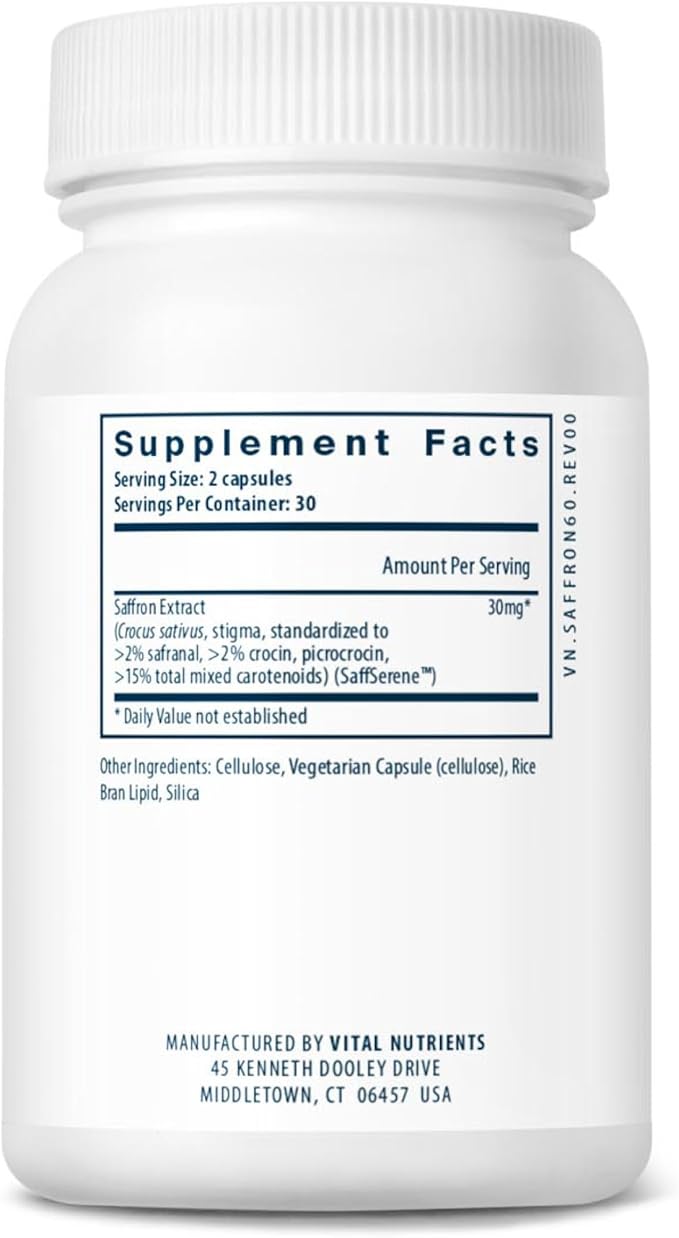 Vital Nutrients Saffron Extract - Saffron Supplement for Mood Calm Restful Sleep &amp Nervous System Support - Vegan Dairy Gluten Free - 60 Count