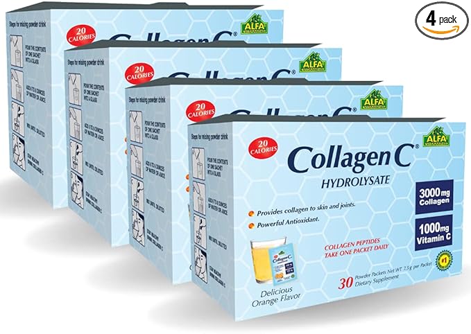 ALFA VITAMINS Collagen C Peptides Hydrolysate Powder Supplement Vitamin C 1000mg Gluten Free Hydrolyzed Collagen for Skin Hair Nails Joint &amp Bone Support Antioxidant 30 Sachets per Box 4 P