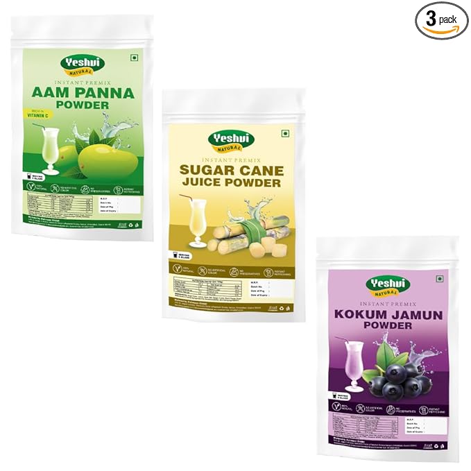 Yeshvi NATURAL Aam Panna Powder &amp Sugarcane Juice Powder With Kokum Jamun Fruit Juice Powder Combo Pack Instant Drink Mix Powder Drink Fruit Juice Powder 300gm