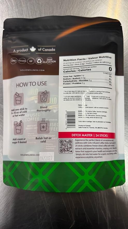 Sollo Detox Infused Instant Coffee Sticks (24 Servings) Weight Loss Healthy Body Support Slim Medium Roast 100% Arabica &amp Freeze Dried Coffee in Single Serve Sticks.
