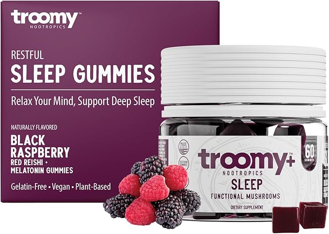 Troomy Sleep Gummies for Adults and Kids Great Tasting Black Raspberry Red Reishi Mushroom Easy Restful Natural Sleep Aid 60 Count