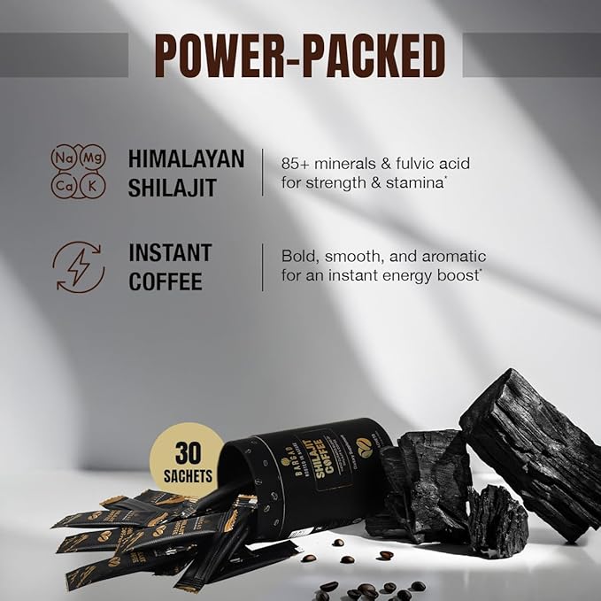 Premium Shilajit Coffee 2000mg - Arabica Coffee Medium Roast | for Energy Focus &amp Stamina | 75% Fulvic Acid &amp 85+ Trace Mineral | Adaptogenic for Vitality &amp Wellness (30 Count)