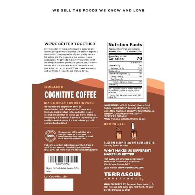 Terrasoul Superfoods Organic Cognitive Mushroom Coffee 30 Servings 14.29 Oz Energize Your Morning and Boost Focus with Powerful Mushrooms Compare to Ryze Mushroom Coffee