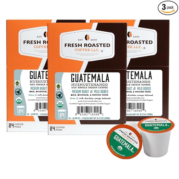Fresh Roasted Coffee Organic Guatemala | Single Origin USDA Organic Mold &amp Myco 3rd Party Tested Kosher | 72 Pods for K Cup Brewers