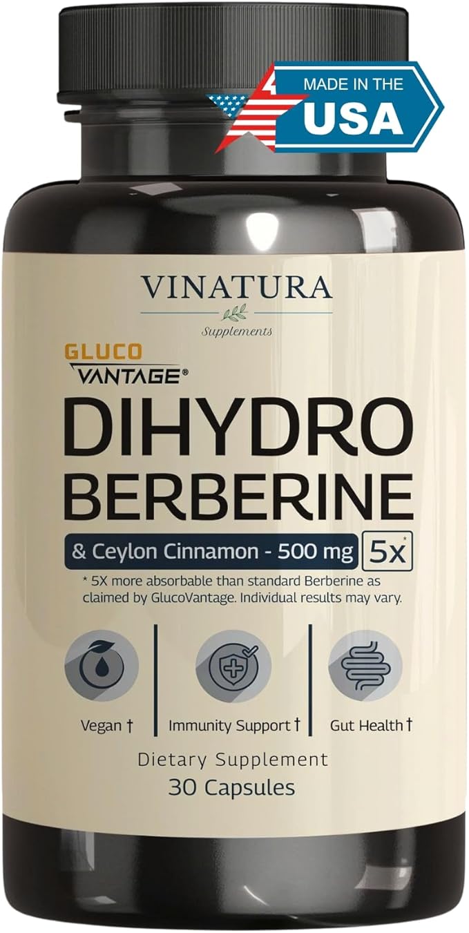 VINATURA Dihydroberberine Supplement with Ceylon Cinnamon 500mg - (Patented GlucoVantage Super Berberine) Maybe Berberine 5X More absorbable - 30 Capsules