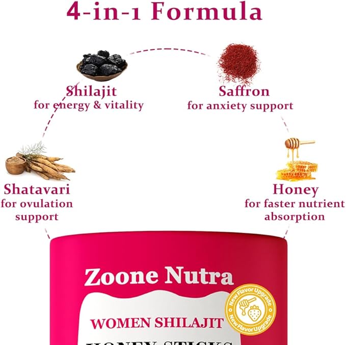 Honey Sticks Shilajit for Women Strawberry Flavor | Shilajit with Shatavari &amp Saffron | Natural Energy Hormonal Balance Focus &amp Vitality Support | Wellness Booster Herbal Honey Packs - 30 St