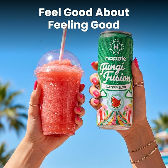 Happie Fungi Fusion Watermelon – Sparkling Adaptogen Drink with Lion’s Mane Cordyceps &amp Red Reishi – Plant-Based Nootropic 40 Calorie Zero Sugar Added Vegan Functional Soda Alternative (6 pack