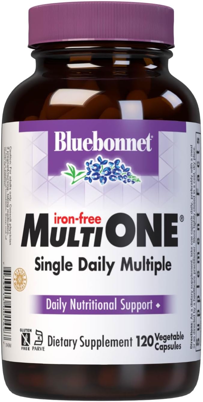 Bluebonnet Nutrition Multi One (Iron Free) Vegetable Capsules Complete Full Spectrum Multiple B Vitamins General Health Gluten Free Milk Free Kosher 120 Count