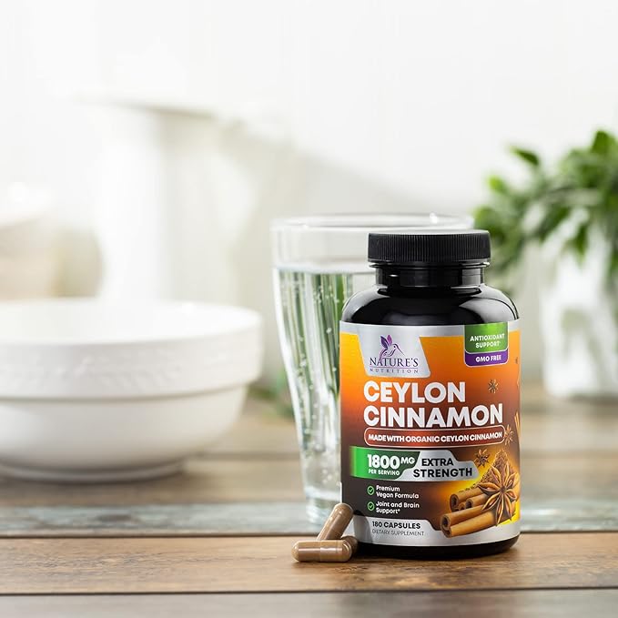 Organic Ceylon Cinnamon 1800mg Per Serving - Extra Strength Certified Organic Ceylon Cinnamon Powder Pills Supplement - Energy &amp Heart Support Antioxidant for Women &amp Men Bottled USA - 180 Ca