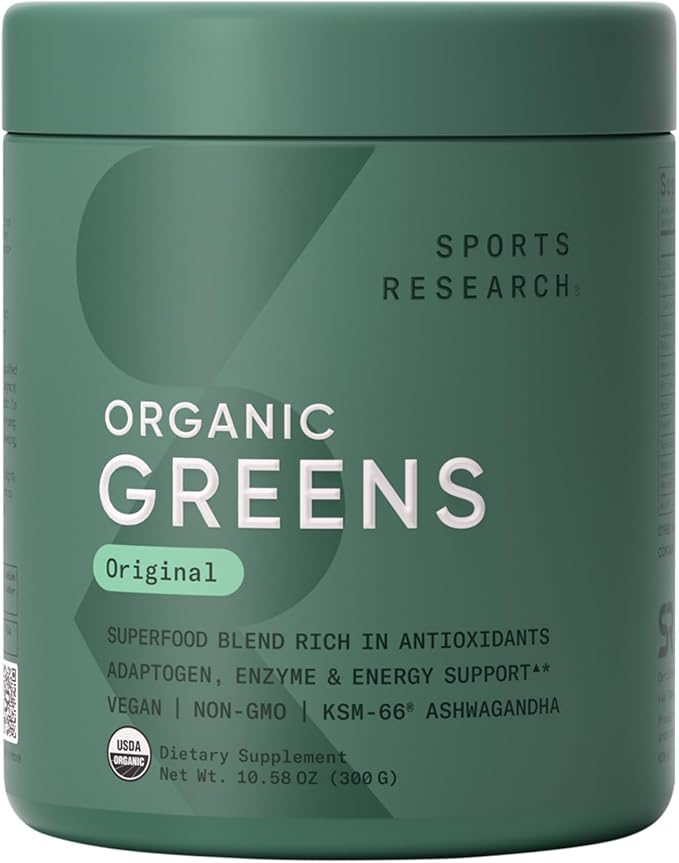 Sports Research® Organic Greens Superfood Powder w/Spirulina &amp Chlorella Adaptogens Enzymes Probiotics &amp 8 VIT Bs for Gut &amp Mood Support* - Vegan Sugar-Free &amp Low-Cal Original 30 S