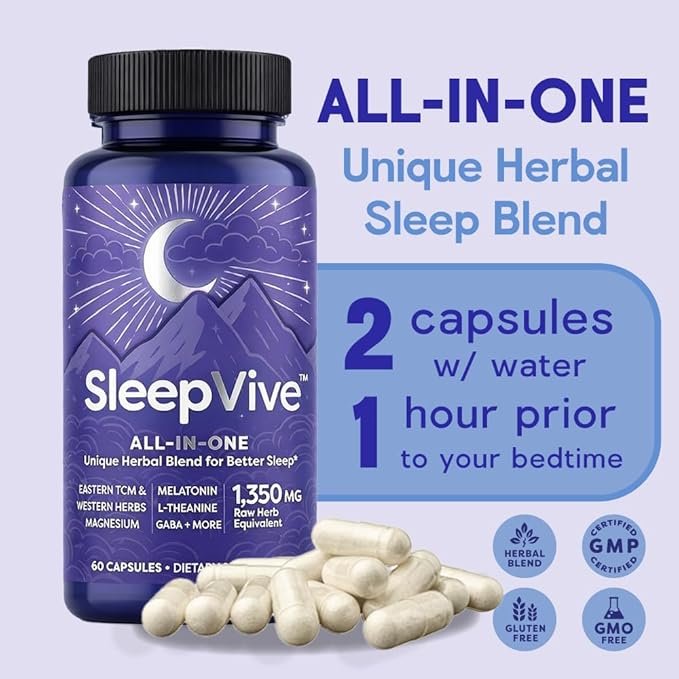 SleepVive - Herbal Natural Sleep Aid - All in One - Sleep Supplement with Melatonin L-Theanine GABA Valerian Root Passionflower Holy Basil | Support for Stressful Symptoms