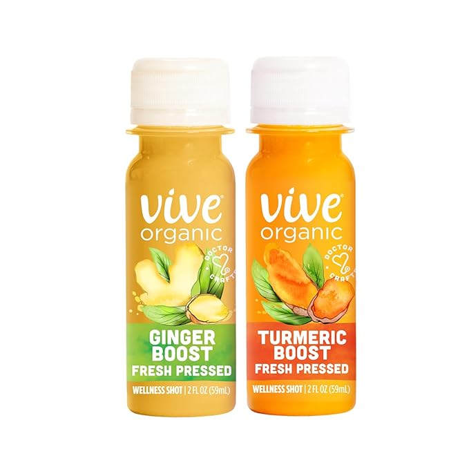 Vive Organic Immune Support Ginger Shot + Turmeric Shot Variety Pack Cold-Pressed Ginger Root &amp Turmeric Gluten Free Vegan Immunity Booster 2 Fl Oz (Pack of 24)